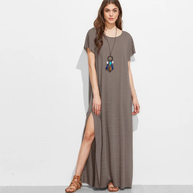 

2020 Summer New European and American Bifurcate Middle-waisted Women's Round Collar Loose Casual Short Sleeve Long Dress