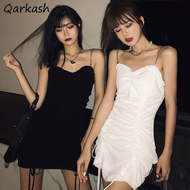 

Dresses Women Mini Streetwear Summer Stylish Shirring All-match Chic Solid Femme Vestidos Inside Ins New Arrival Basic Vacation