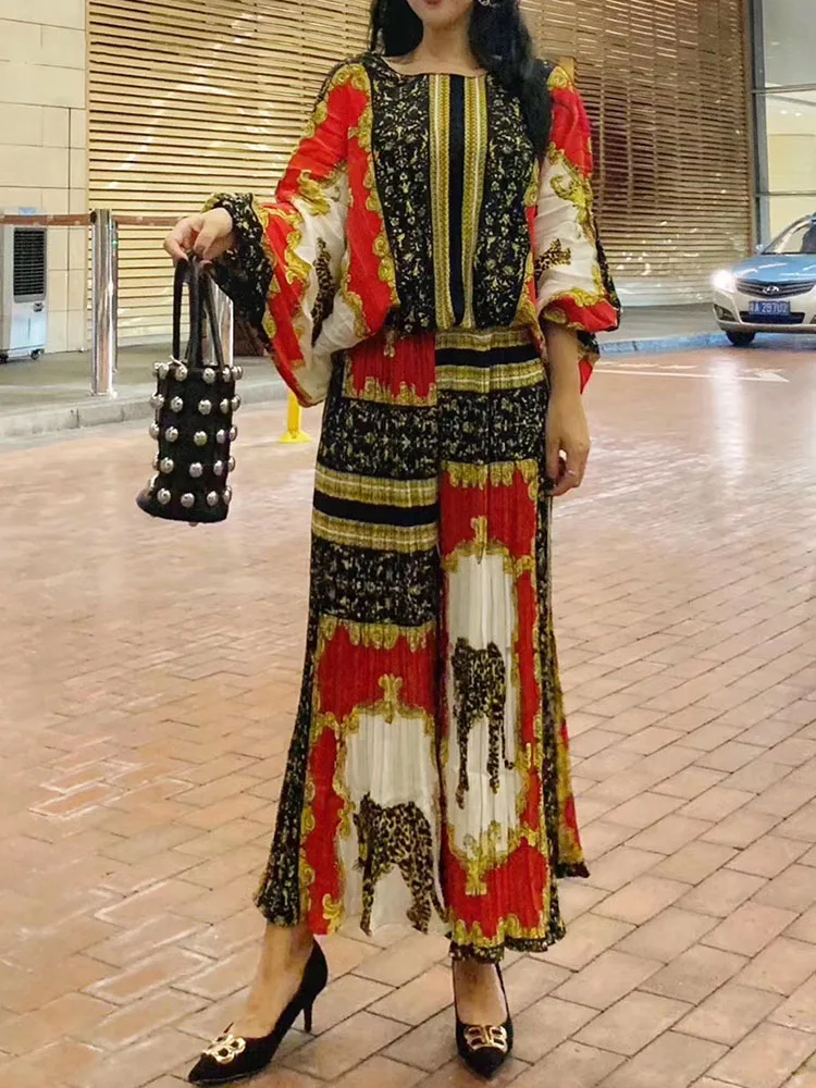 

Casual, printed, retro, ethnic style, top shirt + stacked pants set, 2020New ladies autumn, top pullover + wide-leg pants 2 sets