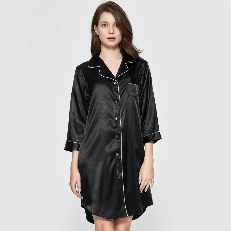 

Nightdress summer women's thin section breathable shirt-style nightdress spinning silk home service boyfriend shirt