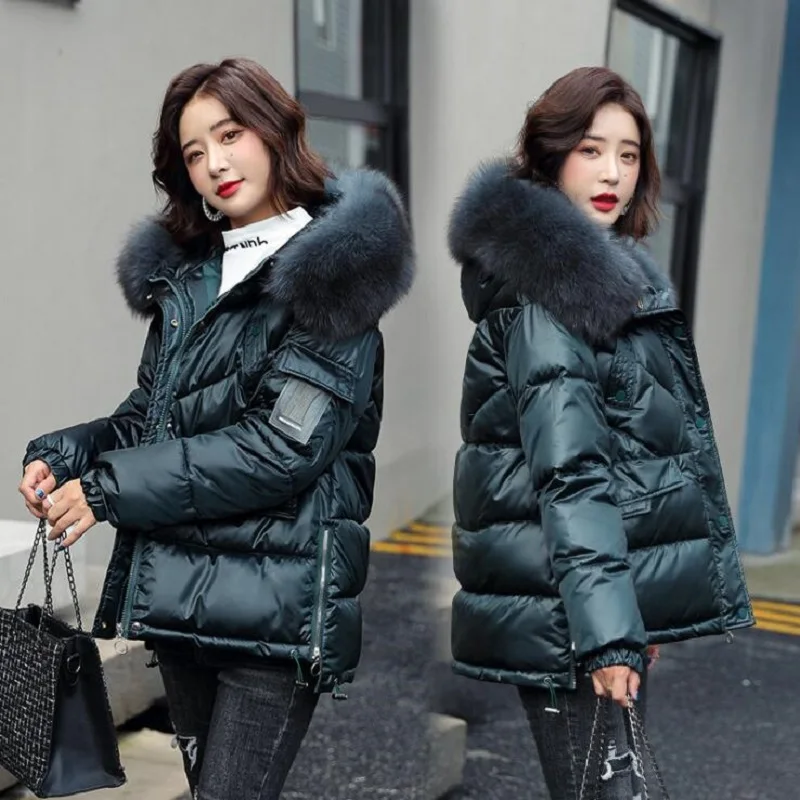 

Winter Coat Women Puffer Jacket Hooded Cotton-Padded Short Plus Size Woman Parkas Fur Collar Solid Color Loose Winter Clothes