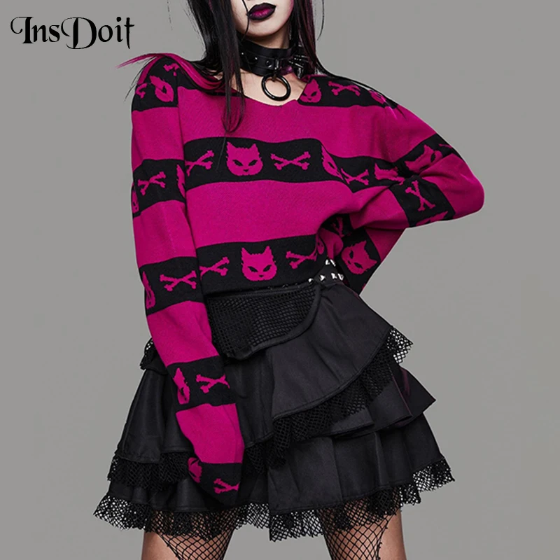 

InsDoit Gothic Clothes Harajuku Print Sweater Women Streetwear Punk Y2K Long Sleeve Autumn Crop Sweater E Girl Fashion Sexy Top