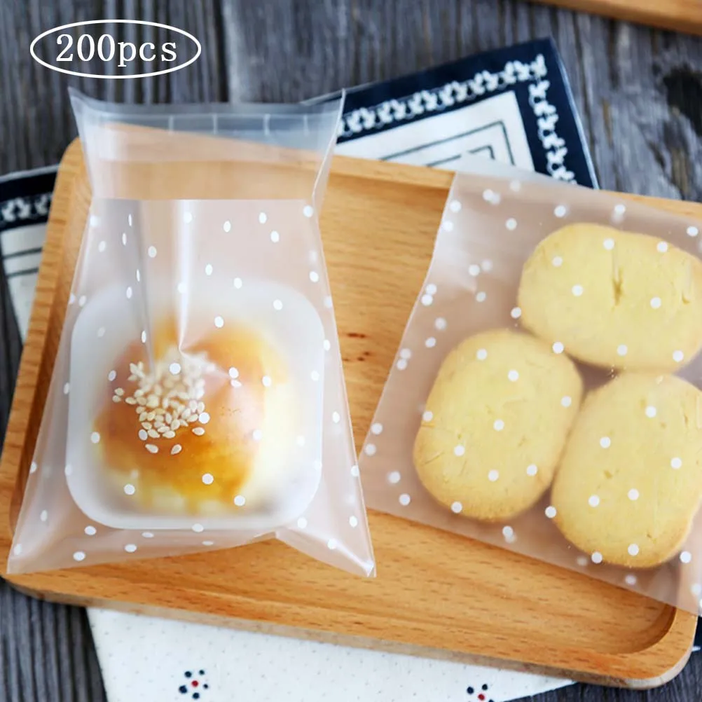 

100pcs Cellophane Bags With Adhesive Clear Cookie Bags Self Adhesive Treat Bags Polka Dots Sealing Bags For Bakery Candy Wedding