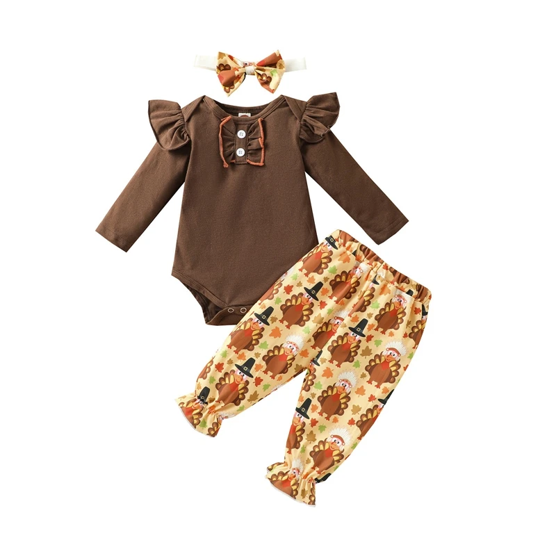 

3Pcs Toddler Thanksgiving Outfits Long Sleeves Romper + Cartoon Turkey Pants + Hairband for Baby Girls Brown Autumn Clothes