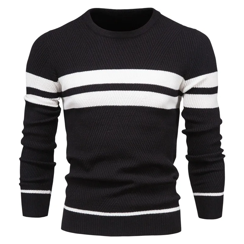 

Autumn Winter Men's Casual Striped Sweaters Male New Solid Color O Neck Thicken Base Sweater Men Color Contrast Pullover Sweater