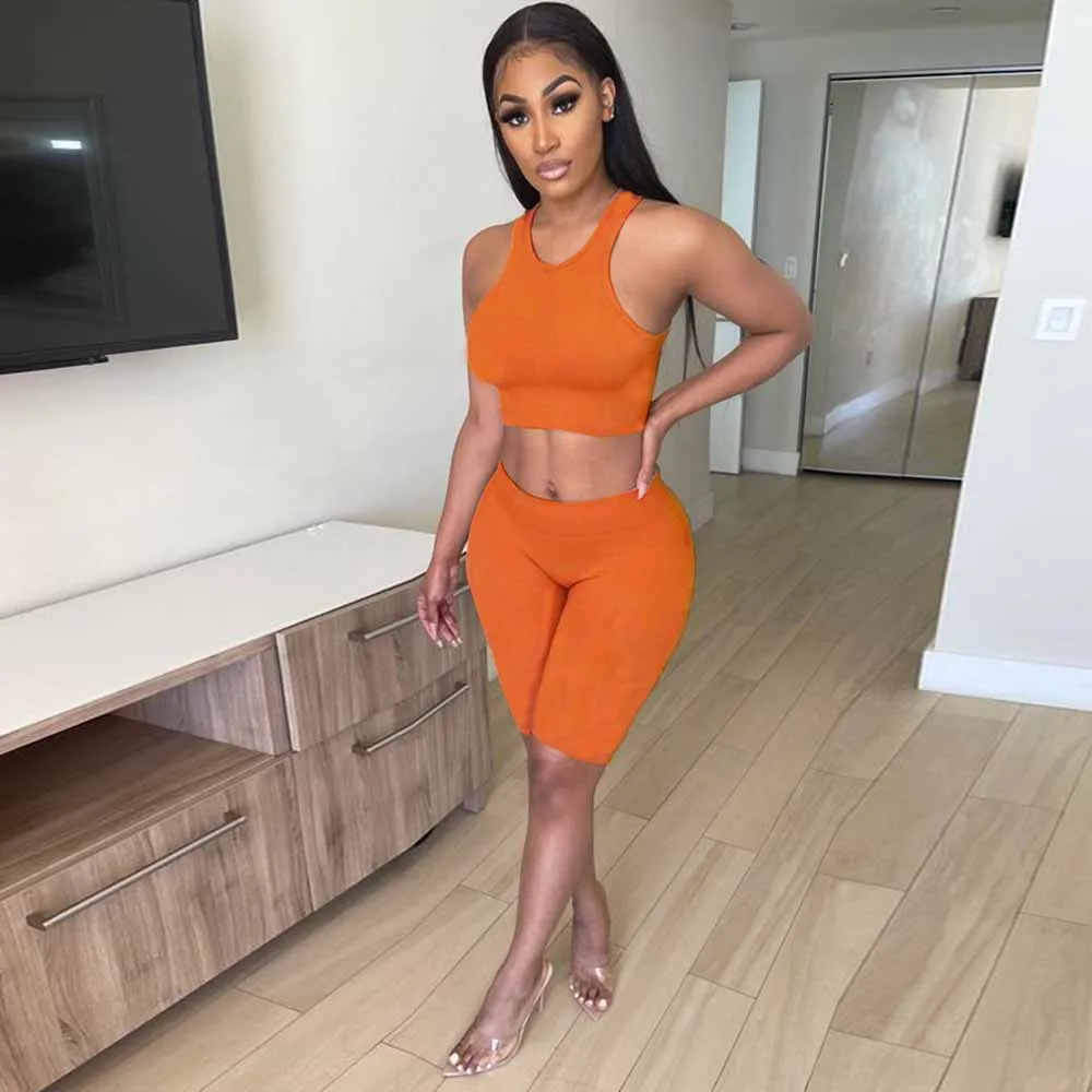 

Женский однотонный спортивный костюм с круглым вырезом, майка без рукавов, велосипедные шорты до колен, эластичный комплект из 2 предметов, ...