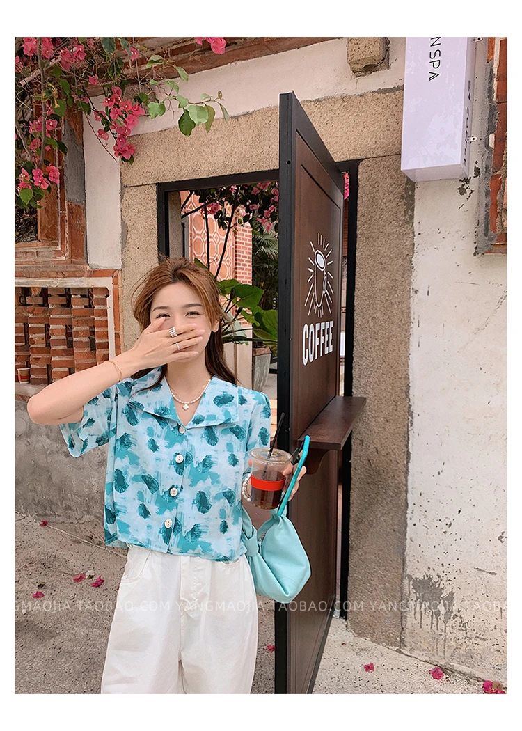 

Chiffon Loose Women's Shirts New Fashion Blouse Casual Short Sleeve Blusas Printing Buttons V-neck Shirt Summer Houthion