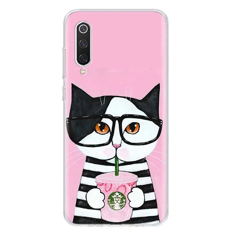 Cute Animal Cat Coffee Phone Case For Xiaomi Redmi 9 9T 9C 9A 8A 8 7A 7 6A 6 10X 10C 10A 10 Prime S2 K40 K30 K20 Pro Capa Coque