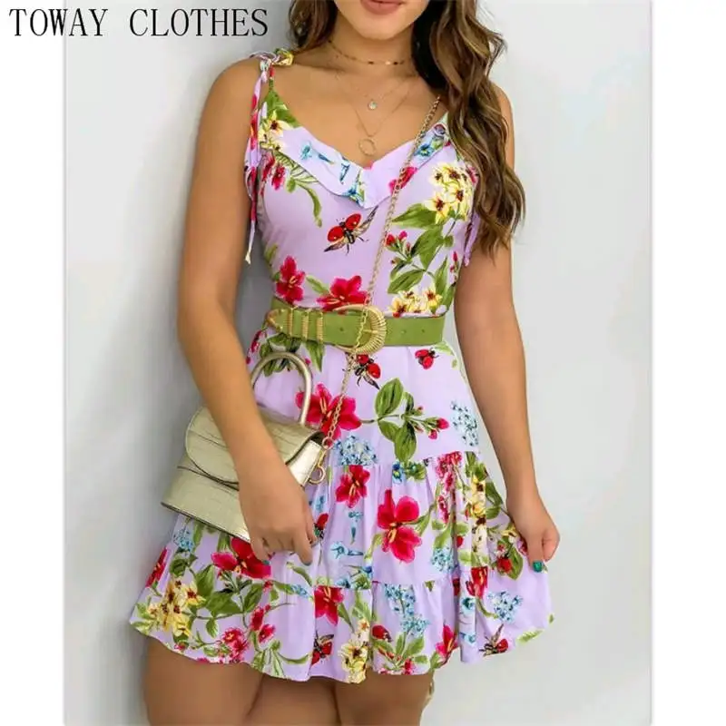

Women Floral Print Spaghetti Strap V-Neck A Line Ruffles Casual Dress