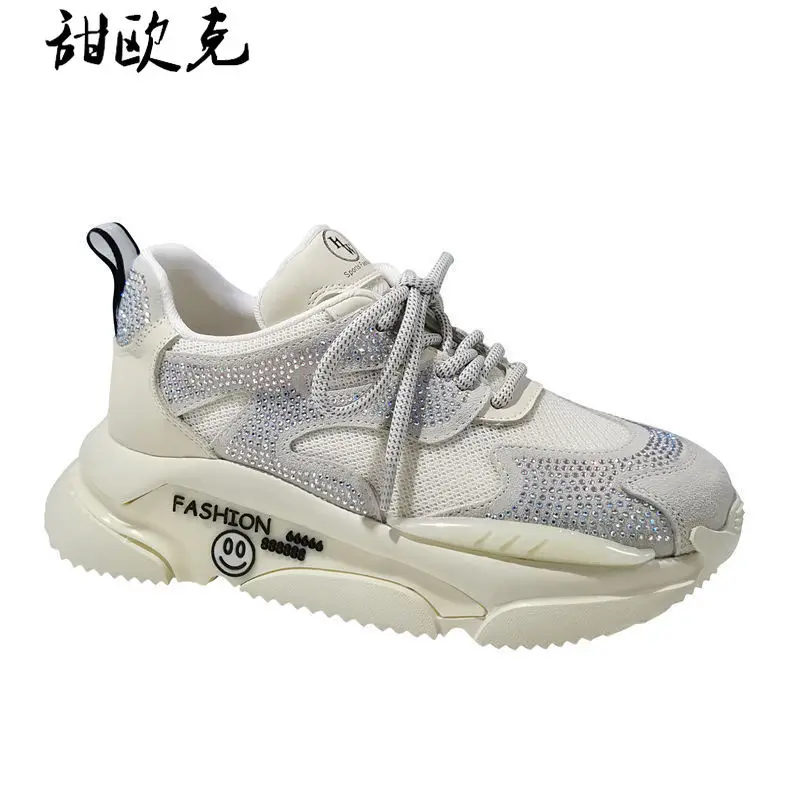 

Shoes for Women 2021 New Spring Women Sneakers Breathable Chunky Platform Shoes Fashion Round Toe Bling Rhinestone Casual Shoes