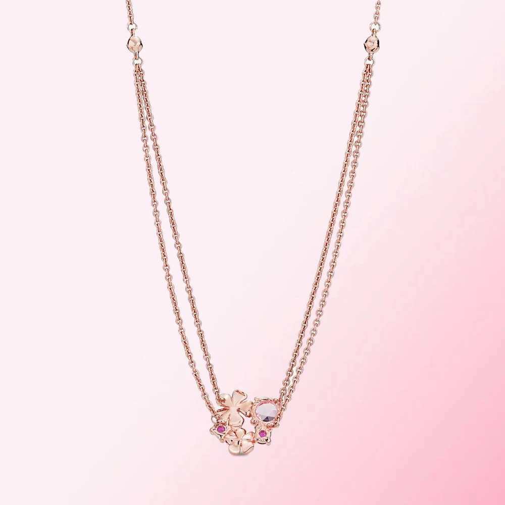 

2021 100% 925 Sterling Silver Classic Pink Peach Blossom Flower Double Chain Necklace Women Charm Fashion Personality Jewelry