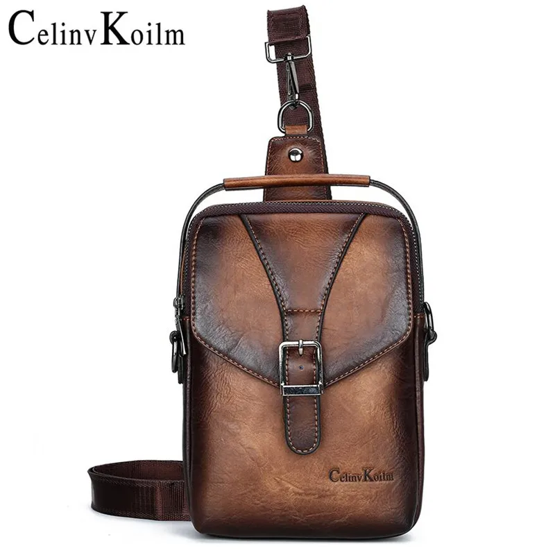 

Celinv Koilm Brand Men Leather Bag Fashion Small Crossbody Shoulder Bags Unisex Couples Sling Chest Messenger Bag Casual Brown