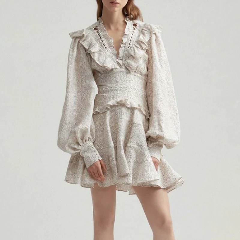 Летнее винтажное платье женское точечный фонарь рукав с оборкой высокой