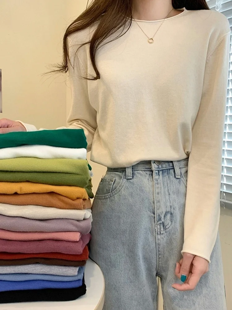 Однотонная трикотажная женская одежда Весна-Осень-зима рубашка с внутренним