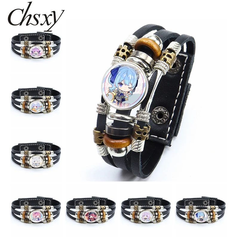 

Hololive Vtuber Bracelet Inugami Korone Shirakami Fubuki Usada Pekora Minato Aqua Glass Snap Buttons Leather Bangle Jewelry Gift