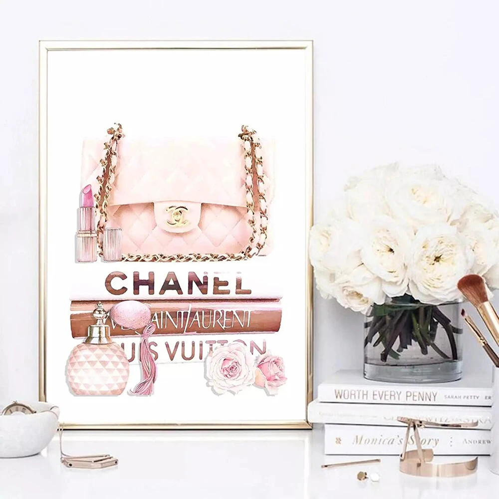 

Fashion Flower Perfume Bottle Handbag Lipstick Book Canvas Painting Makeup Poster and Print Wall Art Modern Girl Room Decoration