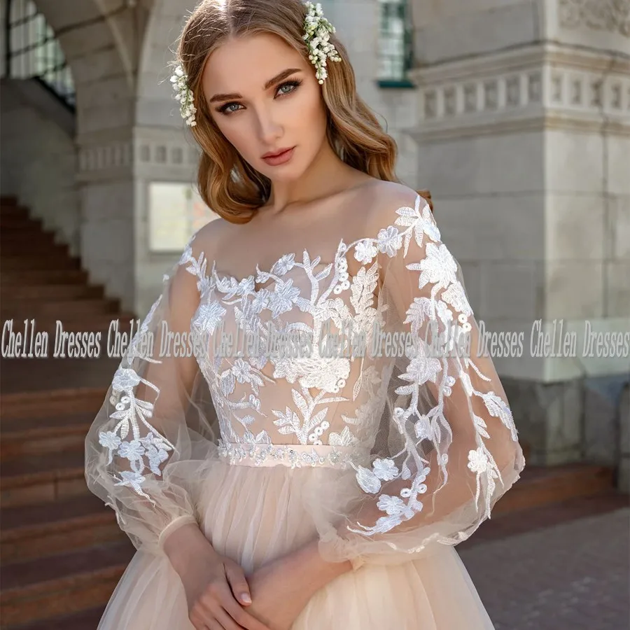 

2021 New Elegant Simple Princess O Neck Lace Appliques Long Lantern Sleeves Illusion Backless Tulle A-Line Boho Wedding Dress