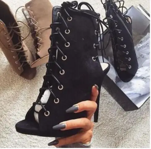 

Hot selling open toe lace-up heeled sandal boots women black suede cutouts ankle boots for woman high heel boots short boots 46