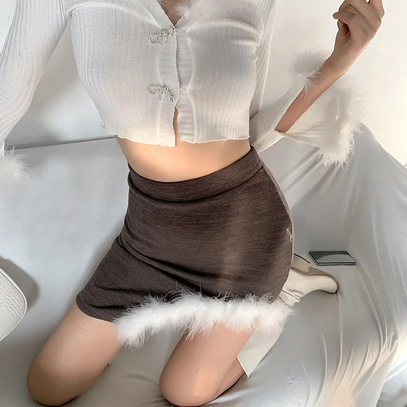 

Нерегулярные пушистый коричневый Мини-юбки 2021 Твердые Тонкие Высокая Талия обтягивающая одежда Разделение облегающая юбка Фитнес вечерни...