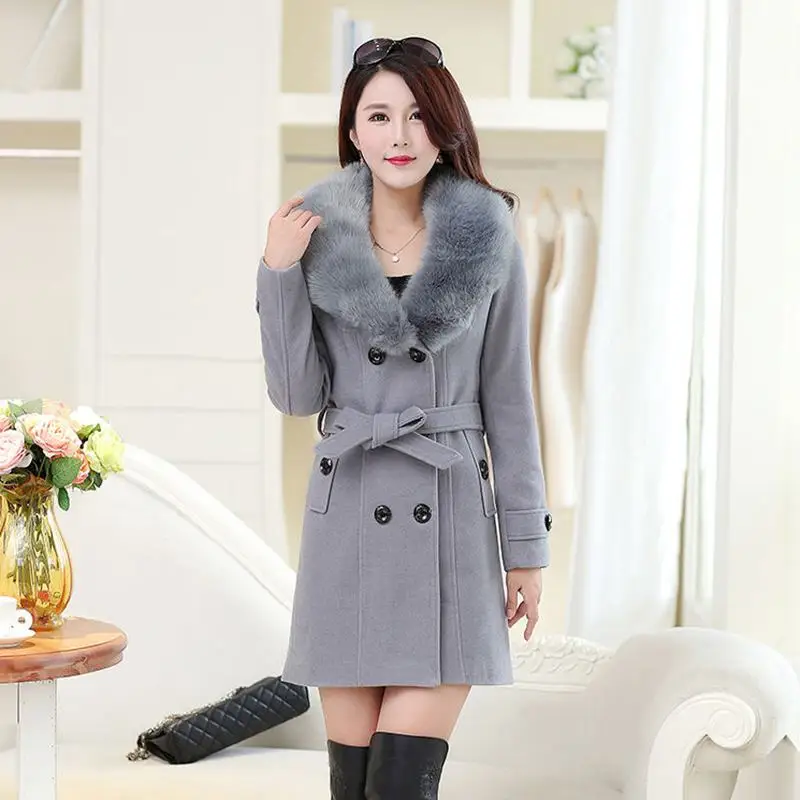 

Autumn Winter Women Woolen Coat Large Size Mid-Long Big Fur Collar Woolen Windbreaker Fashion Woolen Outerwear Belt