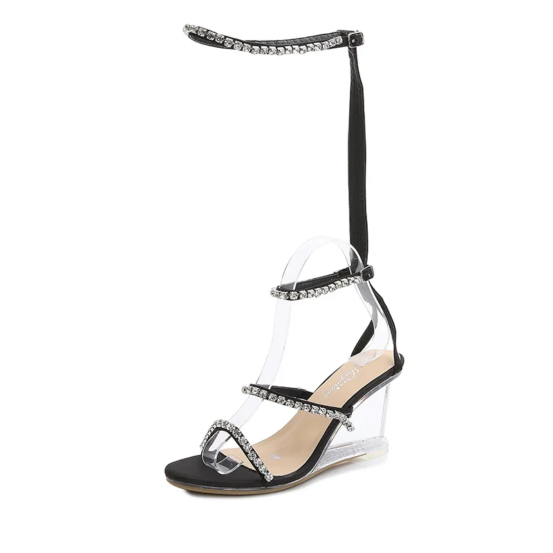 

1098-d2 Korean Versatile Sandals Women's Summer 2021 New Crystal Transparent High Heeled Shoes Diamond Slope Heel Sandals