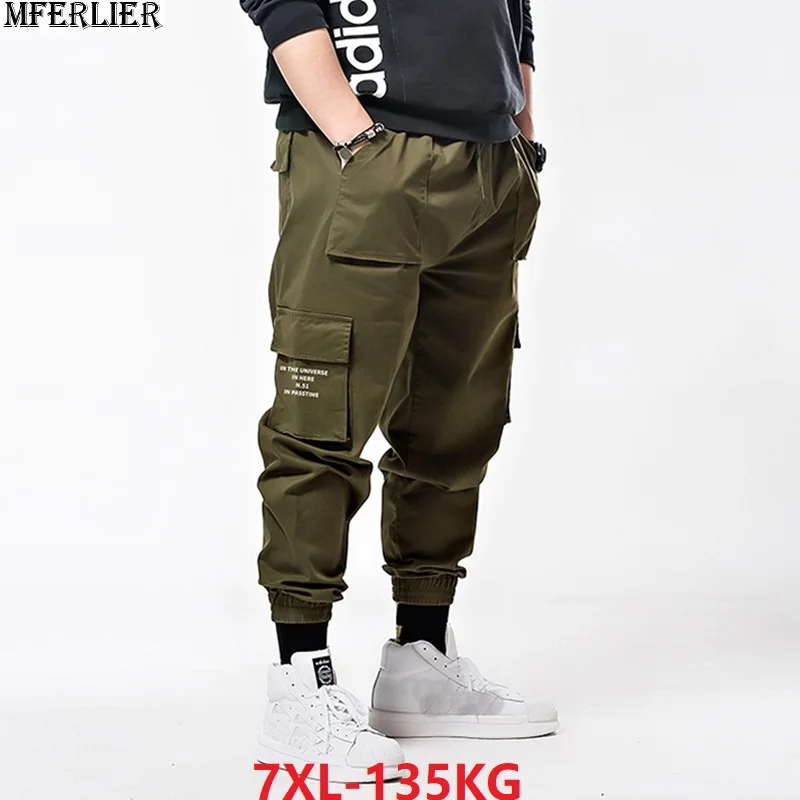 

plus size 7XL men spring summer cargo pants pockets korea style safari style pencil pants letter oversize Elastic stretch pants