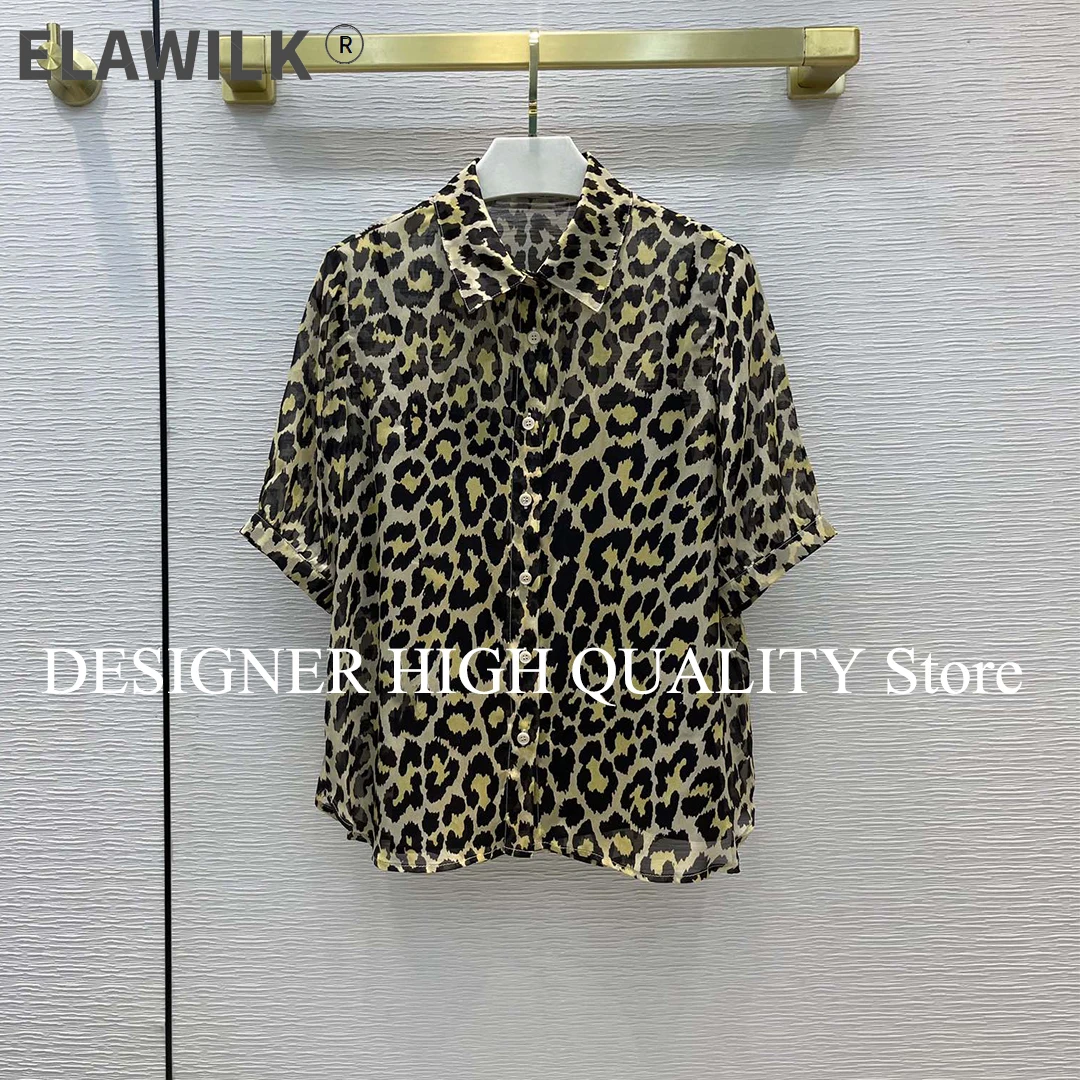 

Fashion Vintage Leopard Pattern T Shirt Women Stand Collar Half Lantern Sleeve Single Breasted 100% Silk Runway Designer Tops