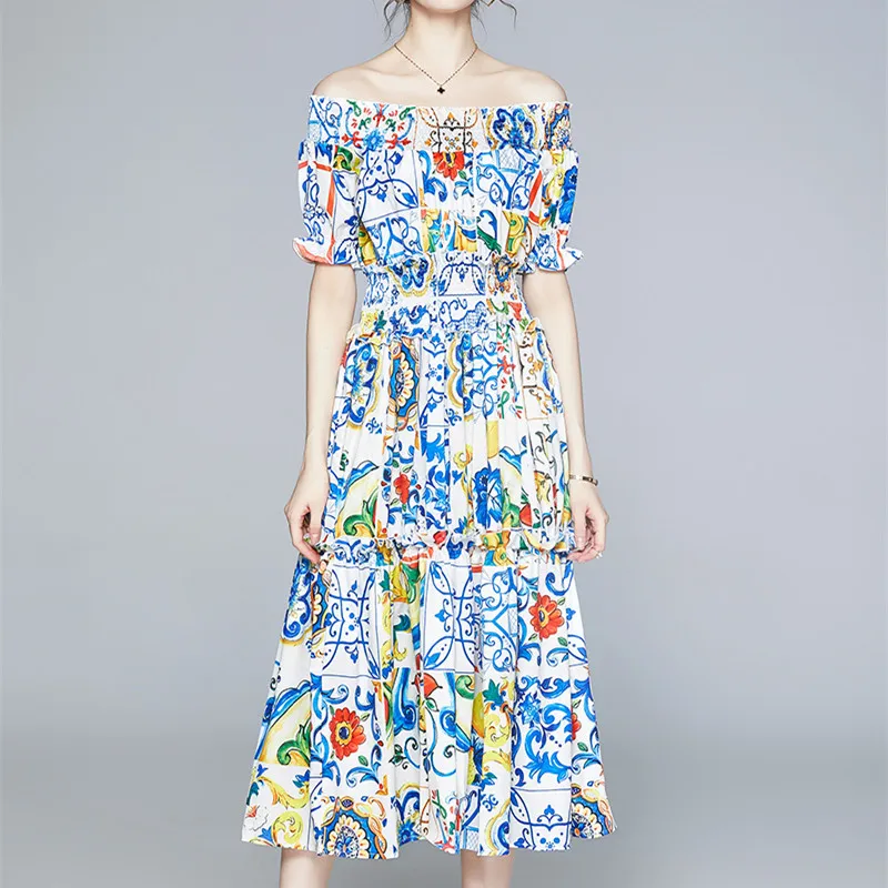 

Женское платье с открытыми плечами, модельное платье средней длины с бело-синим фарфоровым принтом и цветочным принтом, с эластичным поясом...