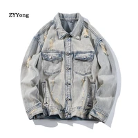 new bomber ripped denim jacket men hole jean coats cotton long sleeve retro outdoors loose youth cowboy casual nostalgia clothes