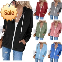 solid color long sleeve cardigan top pocket drawstring hooded zipper fashion womens sweater