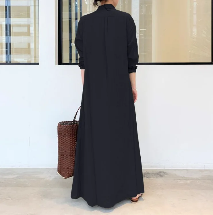 

2020 New Wind Cotton Hemp Solid Color Lapel Long Sleeve Pocket Simple Loose Casual Long Shirt Dress