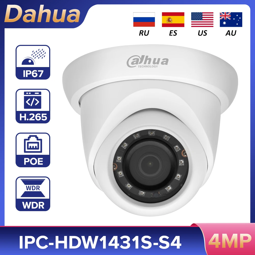 

IP-камера Dahua 4 МП, оригинальная сетевая камера с глазным яблоком, IPC-HDW1431S-S4 PoE WDR, камера видеонаблюдения, водонепроницаемая веб-камера наблюде...