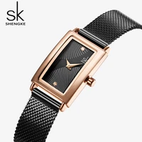 shengke fashion rectangle dial quartz watches womens luxury brand wristwatches lady black stainless steel mesh band watch clock