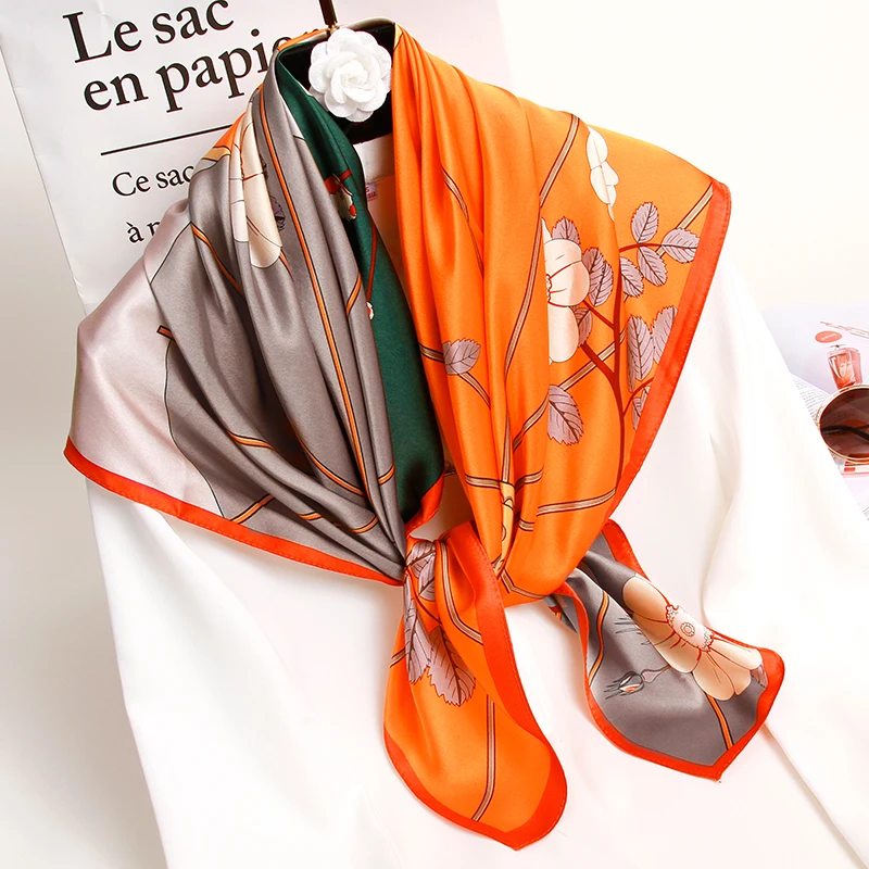 

100% Real Silk Square Neck Scarf Women Echarpe Floral Print Bandana Pure Silk Neckerchief Luxury Brand Handkerchief 88X88cm