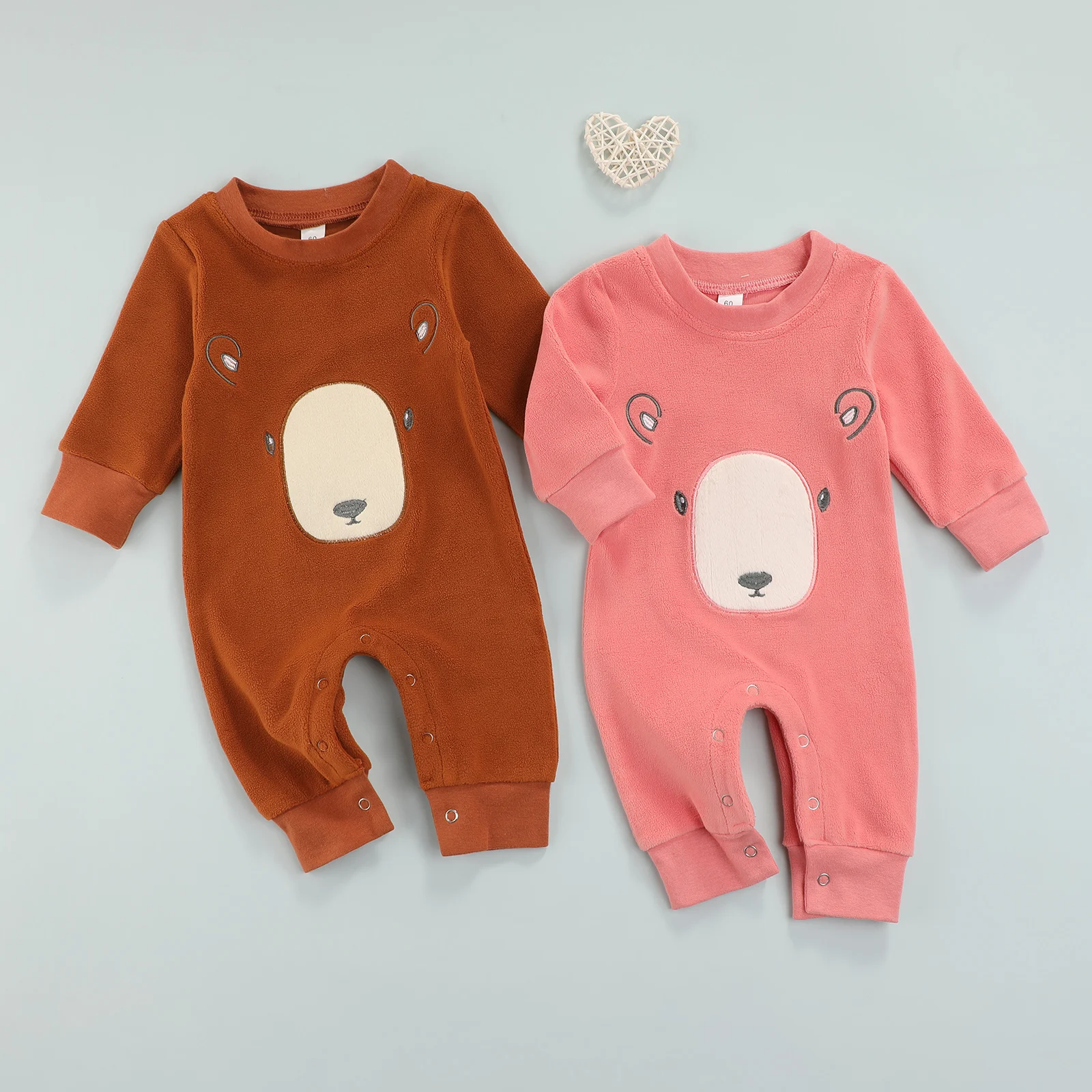 

0-18 Months Full Sleeve Baby\u2019s Autumn Casual Long Sleeve Jumpsuit Cartoon Bear Embroidered Round Neck Long Romper