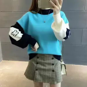 Woherb Harajuku контрастный цвет женский свитер пуловеры Свободные фонари рукав Femme джемпер корейский милый вязаный зимний толстый Одежда - Цвет: light blue thin