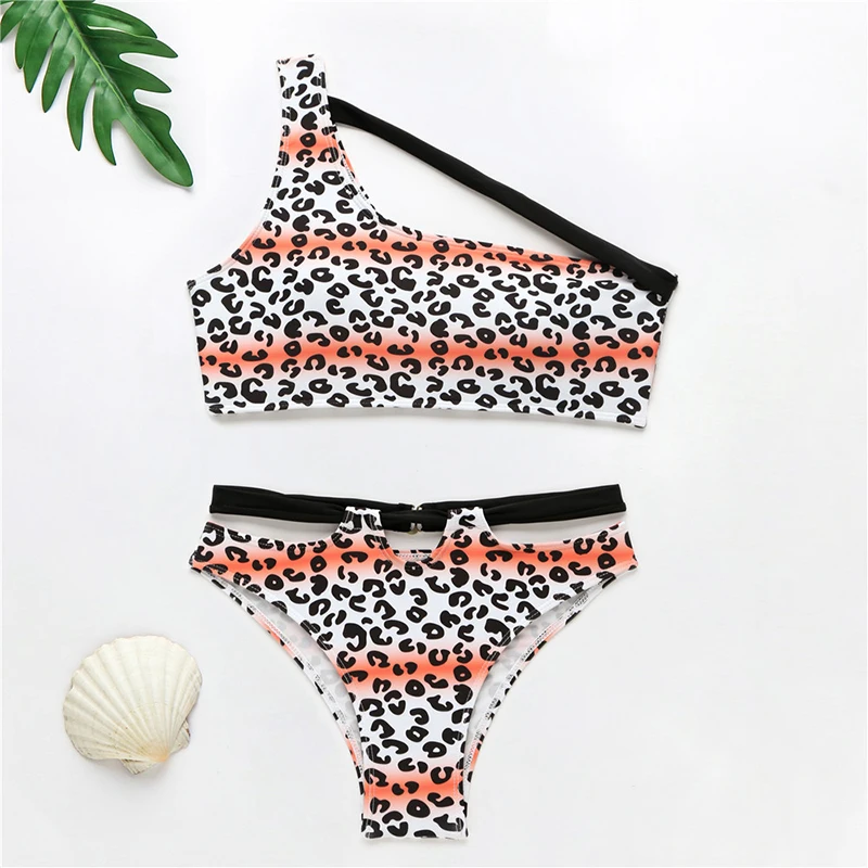 Бразильские бикини на одно плечо 2020 женский купальник с леопардовым принтом