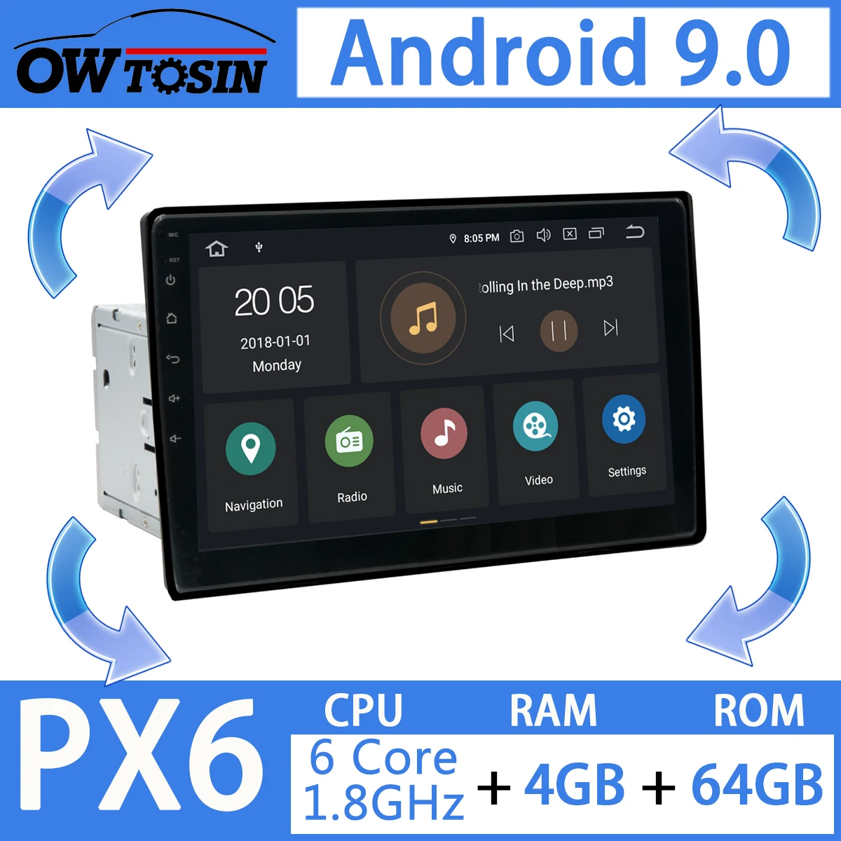 10," 180 ° вращающийся Android 9,0 PX6 4+ 64G 2 Din 2Din универсальный Радио Аудио Автомобильный мультимедийный DVD стерео плеер gps DSP Авто CarPlay