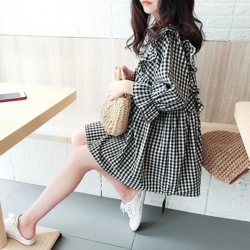 

Summer 2021 Korean Fashion Retro Cotton Linen V-neck Ruffles Plaid T-shirts Loose Casual Half Sleeve Pullover Women Top Y687