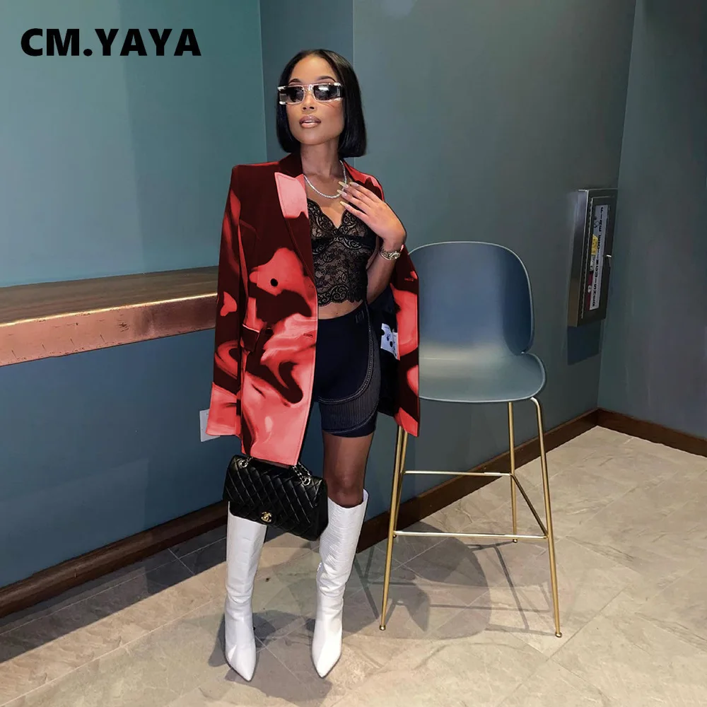 Женский прямой пиджак CM.YAYA офисный с длинным рукавом и принтом модная винтажная