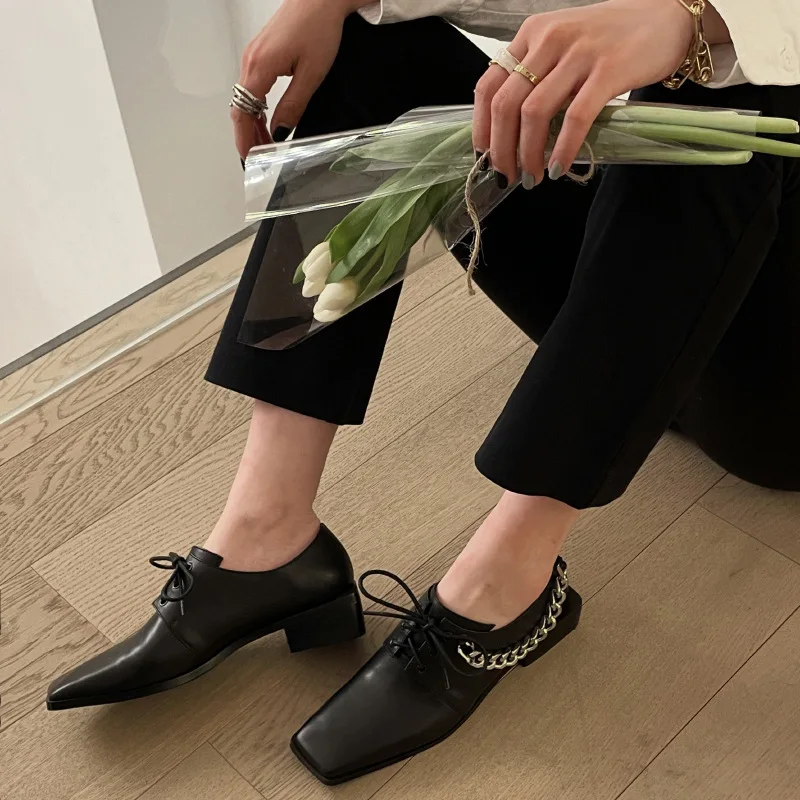 

Fashion Women Leather Oxfords Shoes British Style Ladies Square Toe Lace-up Flats Spring Autumn Female Loafers Single Footwear