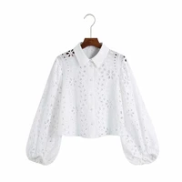 elegant lace hollow out blouse women 2021 fashion shirt long lantern sleeve turn down collar top floral embroidery white shirts