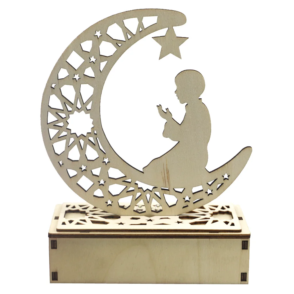 

1pc Wooden Crafts Ornaments Creative Gurbang Eid Mubarak Ramadan Moon Hollow Letters with LED Lights Ornaments Home Accessories