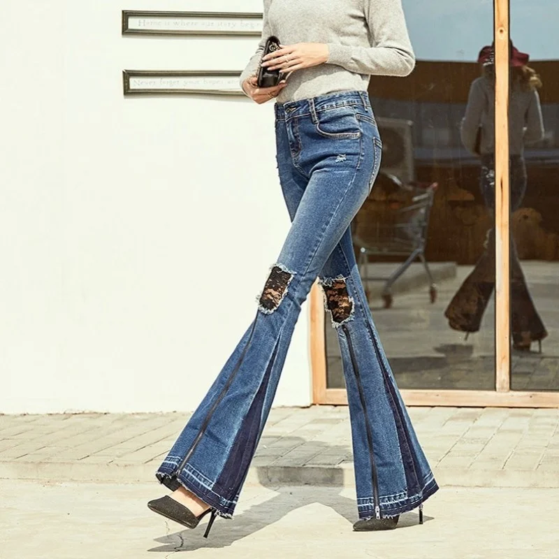 

Women Big Ripped Hole Lace Splice High Waist Flare Jeans Streetwear Slim Tassel Trousers Fashion Office Lady Denim Flare Pants
