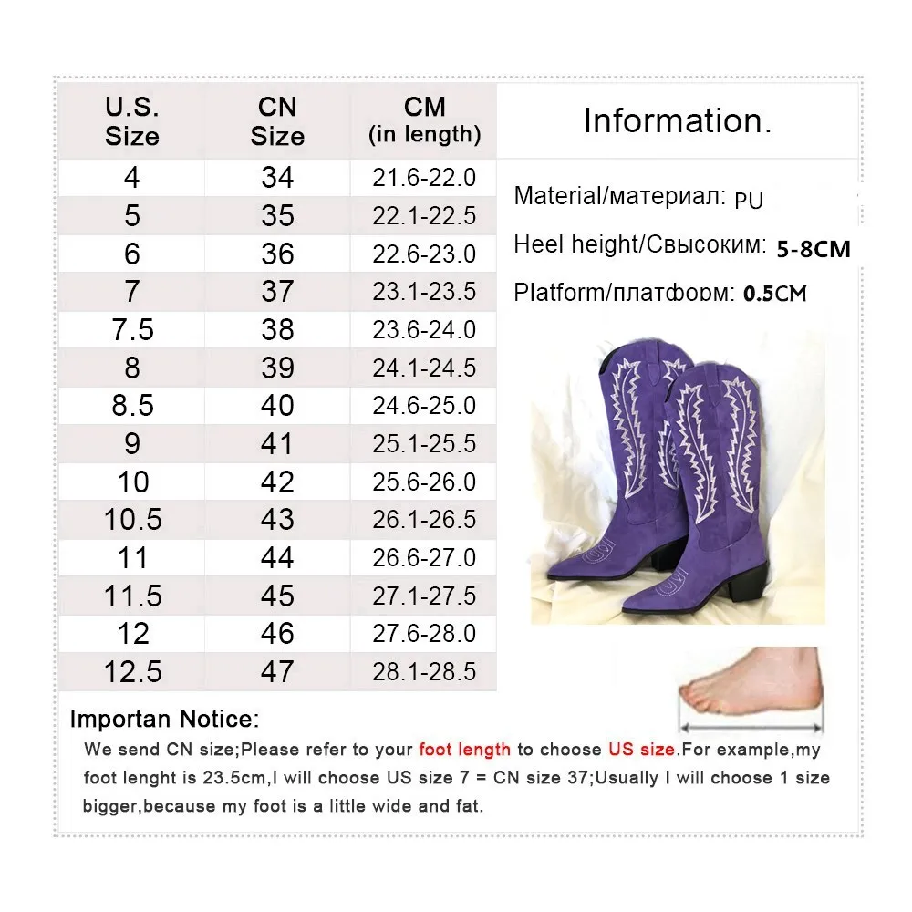 

Embroidered Western Cowboy Boots Women Suede Pointed Toe Mid-Calf Boots Cat High Heels Zipper knight Boots Winter Botas Mujer