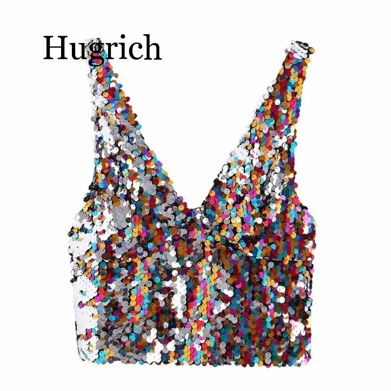 

Блузка женская, с глубоким V-образным вырезом и разноцветными блестками, с открытой спиной, 2020