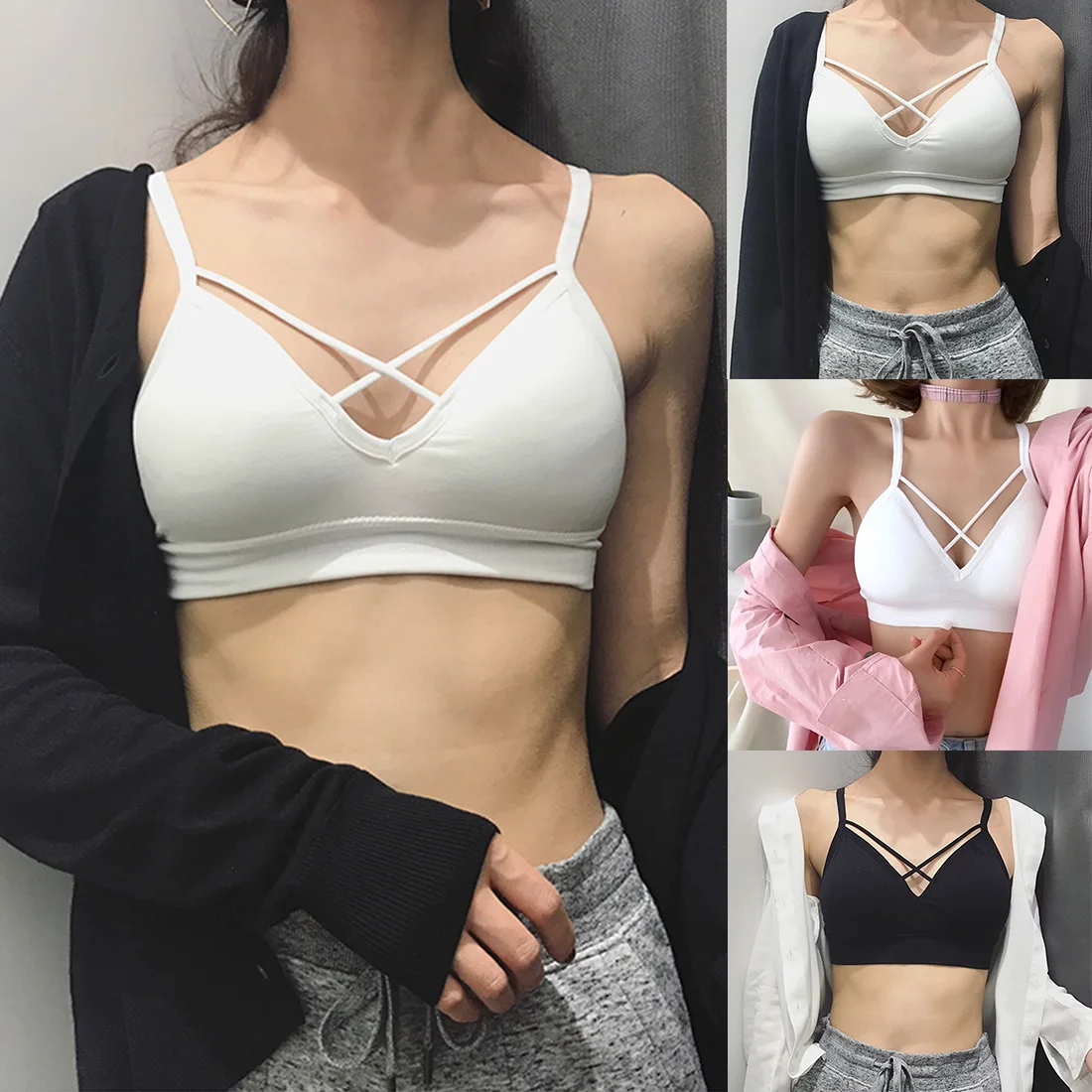 

Lingerie Breathable Women Bra Vest Solid Underwear Sexy Cross-back Seamless Out Comfortable V Neck Simple Wire Free
