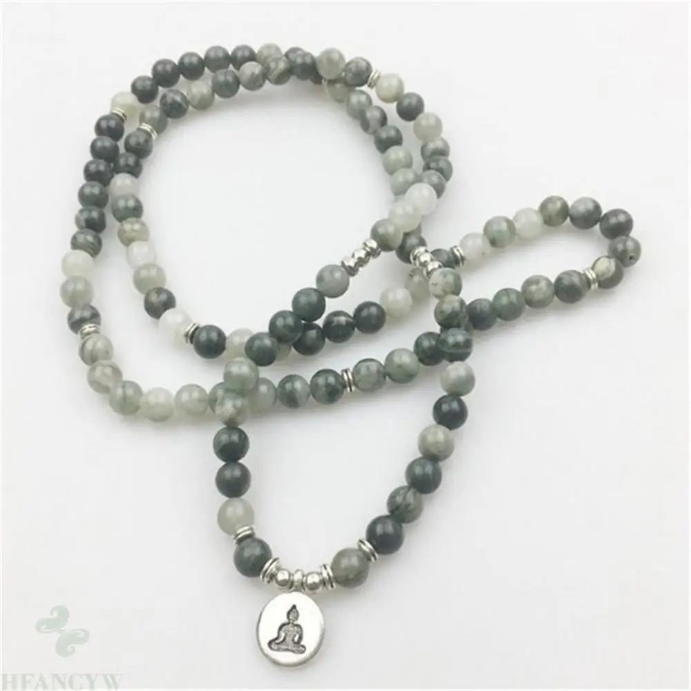 

6mm Grey Agate Buddha Statue 108 Bead Mala Bracelet Elegant Wrist Cuff Fancy Classic Lucky
