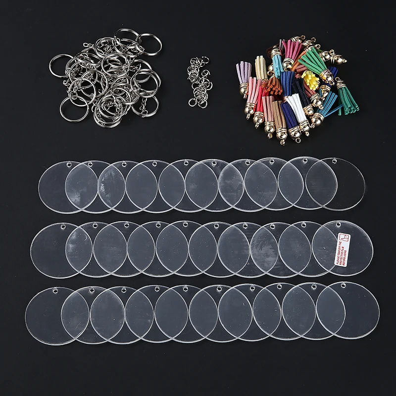 

90 Pcs Acrylic Clear Circle Discs Blanks Keychain Tassels Set for DIY and Craft