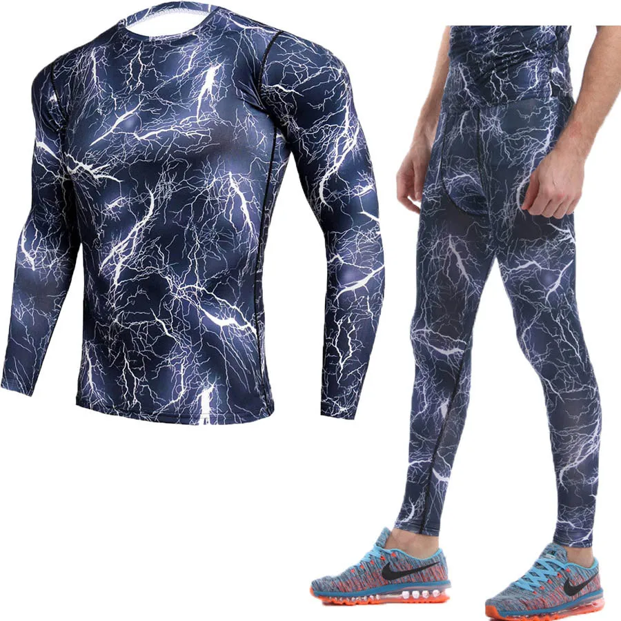 Men's Sport Running Compression Set T-shirt + Pants Skin-tight Long Sleeves Fitness Rashguard MMA Gym Training Clothes